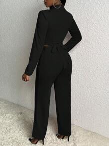 Slaydiva Solid Wrap Crop Blazer & Pants In Fall/Winter - Black - View 2