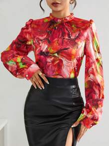 SHEIN Privé Allover Print Frilled Mock Neck Blouse - Red - View 4