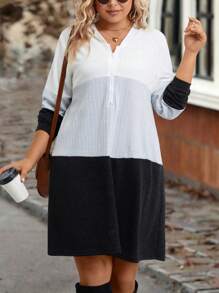 SHEIN LUNE Hơn Khối màu Một nửa khóa kéo Đầm có mũ - Đen và trắng - Xem 5