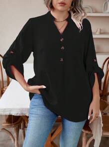 EMERY ROSE 大碼捲邊袖半排扣襯衫 - 黑色 - 查看 3