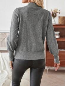 SHEIN LUNE Cổ giả Chi tiết Nút Tay áo lồng đèn Áo len - Xám - Xem 2