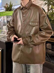 Manfinity Hypemode Men Flap Pocket Drop Shoulder PU Leather Jacket - Coffee Brown - View 3