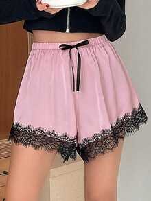 DAZY 蕾絲拼接腰部抽繩睡衣短褲 - 粉色 - 查看 7