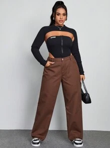SHEIN ICON Plus High Waist Straight Leg Jeans - Coffee Brown - View 4