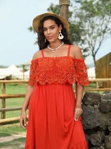 SHEIN VCAY Hơn Vai lạnh Chèn ren Guipure Xù Hoa Sen Đầm - Gỗ đỏ - Xem 2