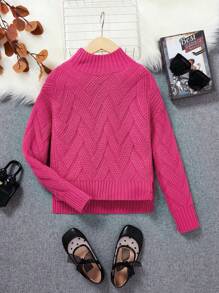 Tween Girl Mock Neck Drop Shoulder High Low Hem Sweater - Hot Pink - View 1