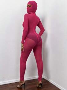Slaydiva Solid  Glitter Mesh Unitard Jumpsuit With Hooded Gaiter - Hot Pink - View 2