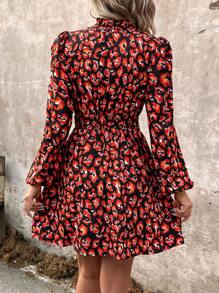 SHEIN LUNE Allover Print Keyhole Neckline Lantern Sleeve Dress - Black - View 2