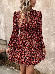 SHEIN LUNE Allover Print Keyhole Neckline Lantern Sleeve Dress - Black - View 3