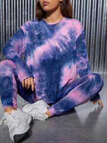 SHEIN PETITE Tie Dye Drop Shoulder Tee & Leggings - Multicolor - View 1
