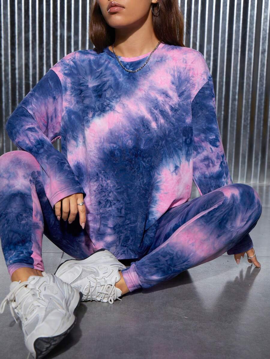 SHEIN PETITE Tie Dye Drop Shoulder Tee & Leggings - Multicolor - View 1