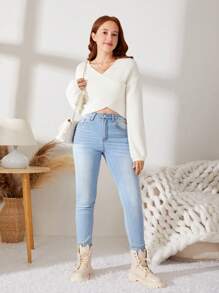 Teen Girl Wrap Cross Drop Shoulder Sweater - White - View 3