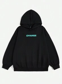 SHEIN EZwear 加大码字母图案落肩卫衣 - 黑色 - 查看 2