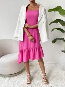 SHEIN Privé Solid Asymmetrical Ruffle Hem Cami Dress - Hot Pink - View 4