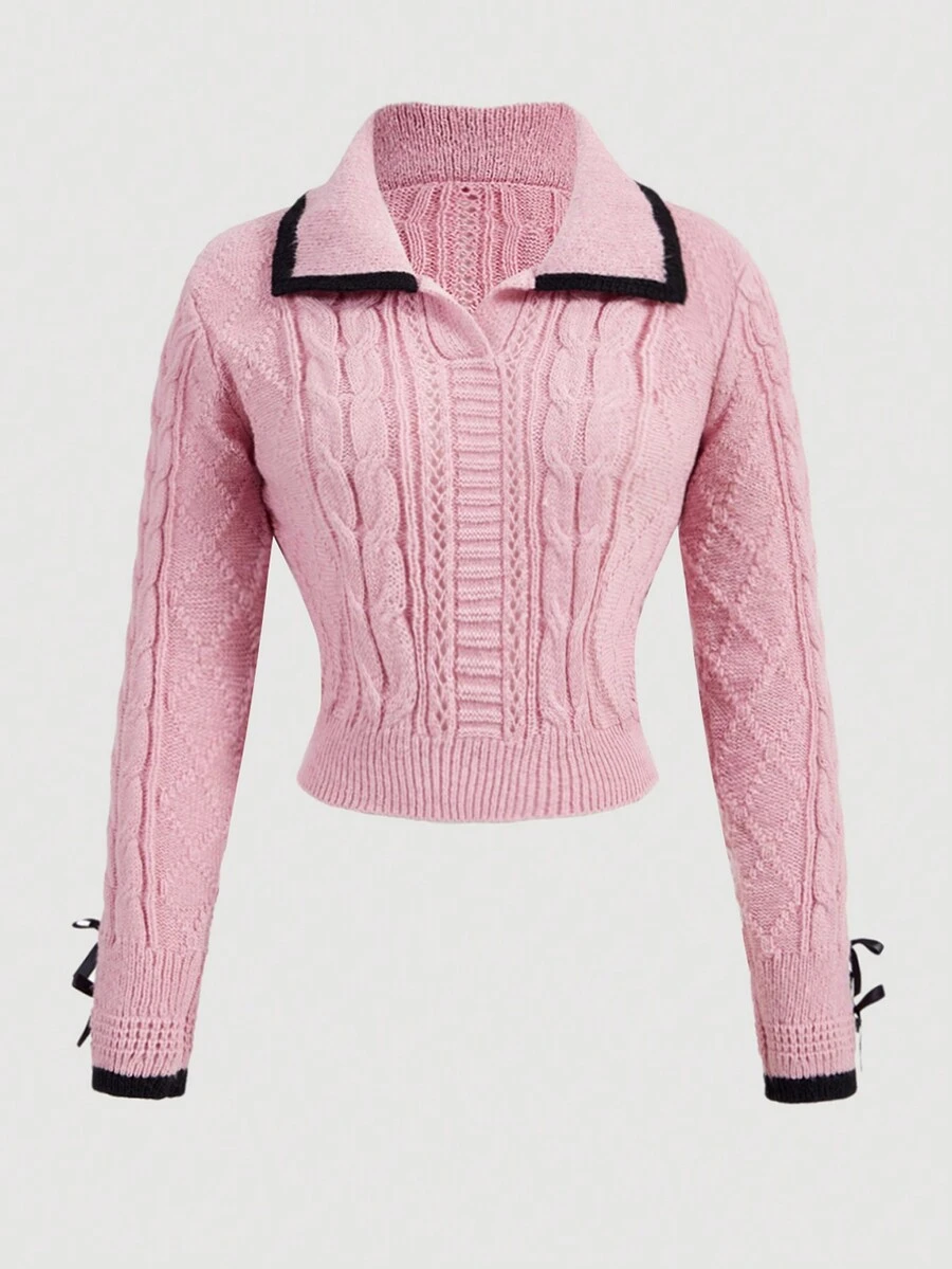 SHEIN MOD Contrast Trim Cable Knit Bow Cuff Sweater - Pink - View 1