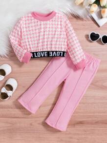 SHEIN 女嬰千鳥格印花字母織帶下擺衛衣和褲子 - 粉色 - 查看 1