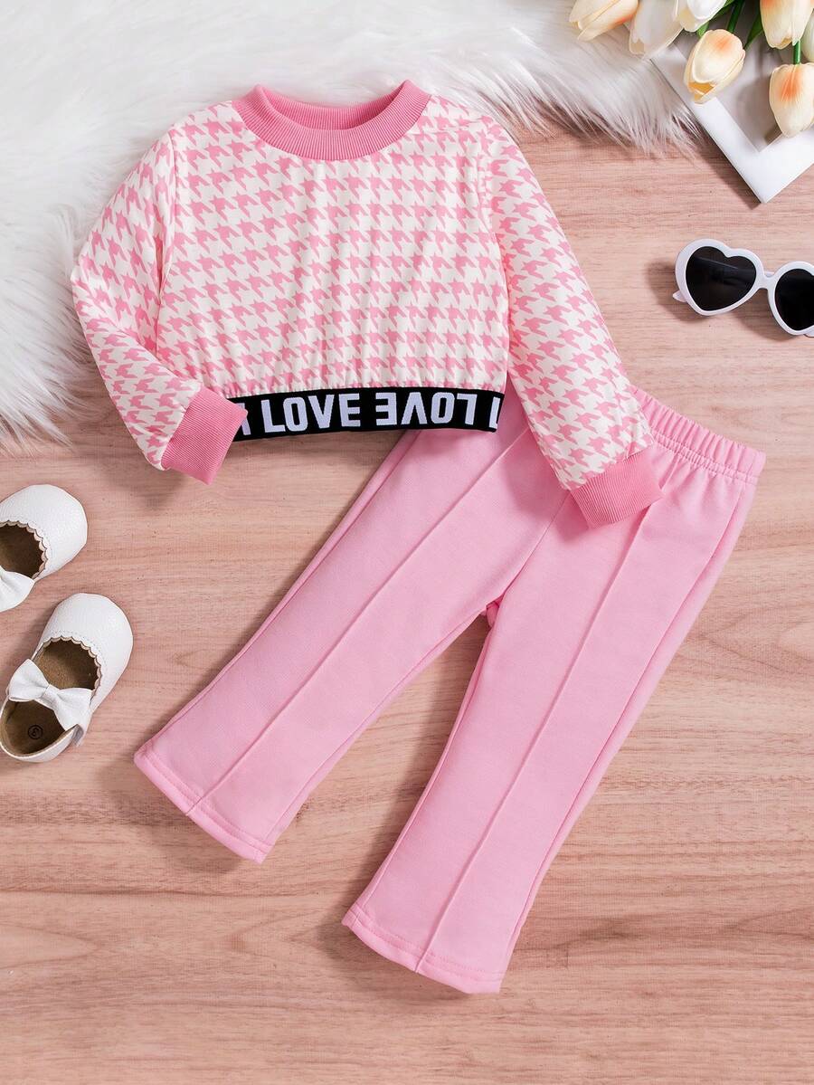SHEIN 女嬰千鳥格印花字母織帶下擺衛衣和褲子 - 粉色 - 查看 1