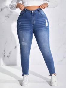 SHEIN EZwear Plus High Waist Ripped Raw Hem Skinny Jeans - Medium Wash - View 1