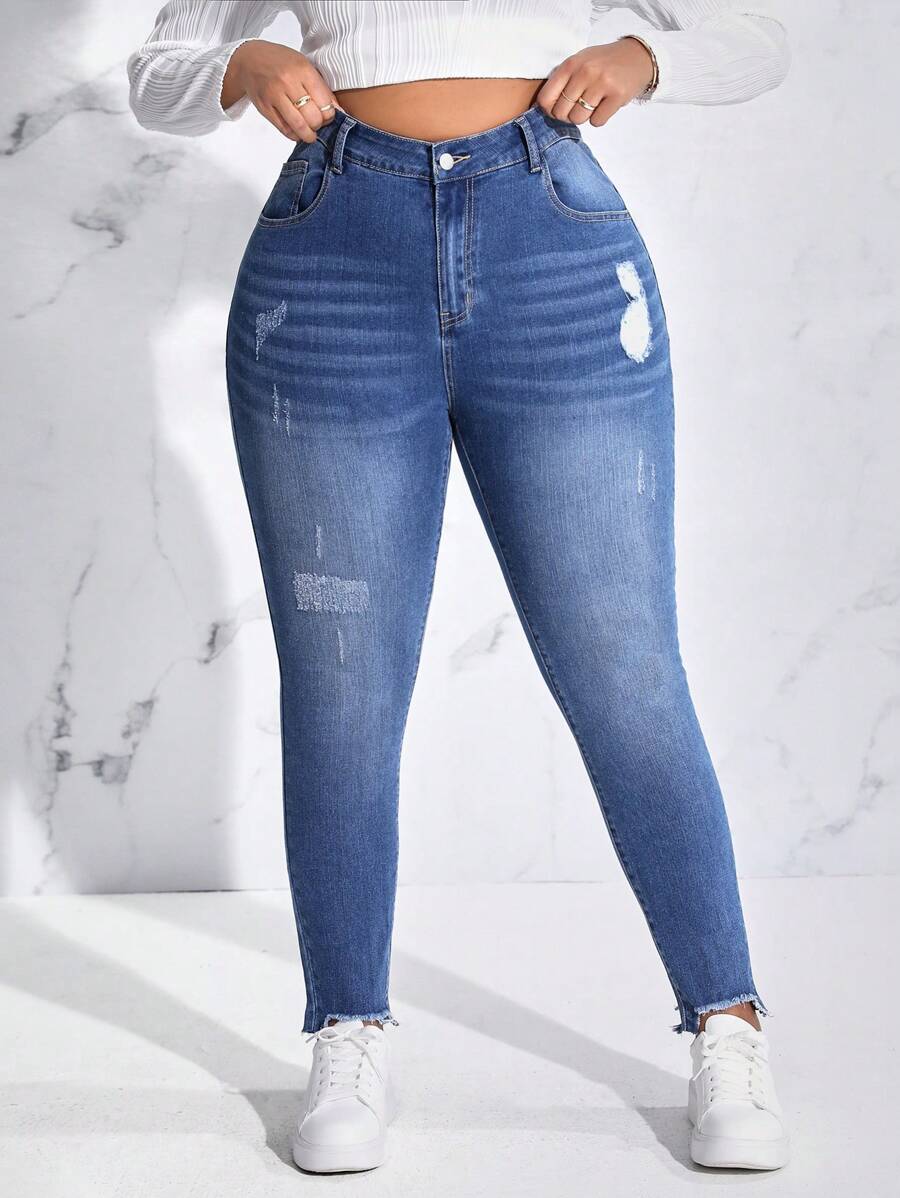 SHEIN EZwear Plus High Waist Ripped Raw Hem Skinny Jeans - Medium Wash - View 1