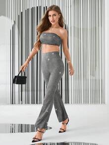 SHEIN Privé Glitter Tube Top & Flare Leg Pants - Black - View 6