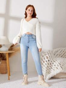 Teen Girl Wrap Cross Drop Shoulder Sweater - White - View 4