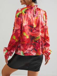 SHEIN Privé Allover Print Frilled Mock Neck Blouse - Red - View 2
