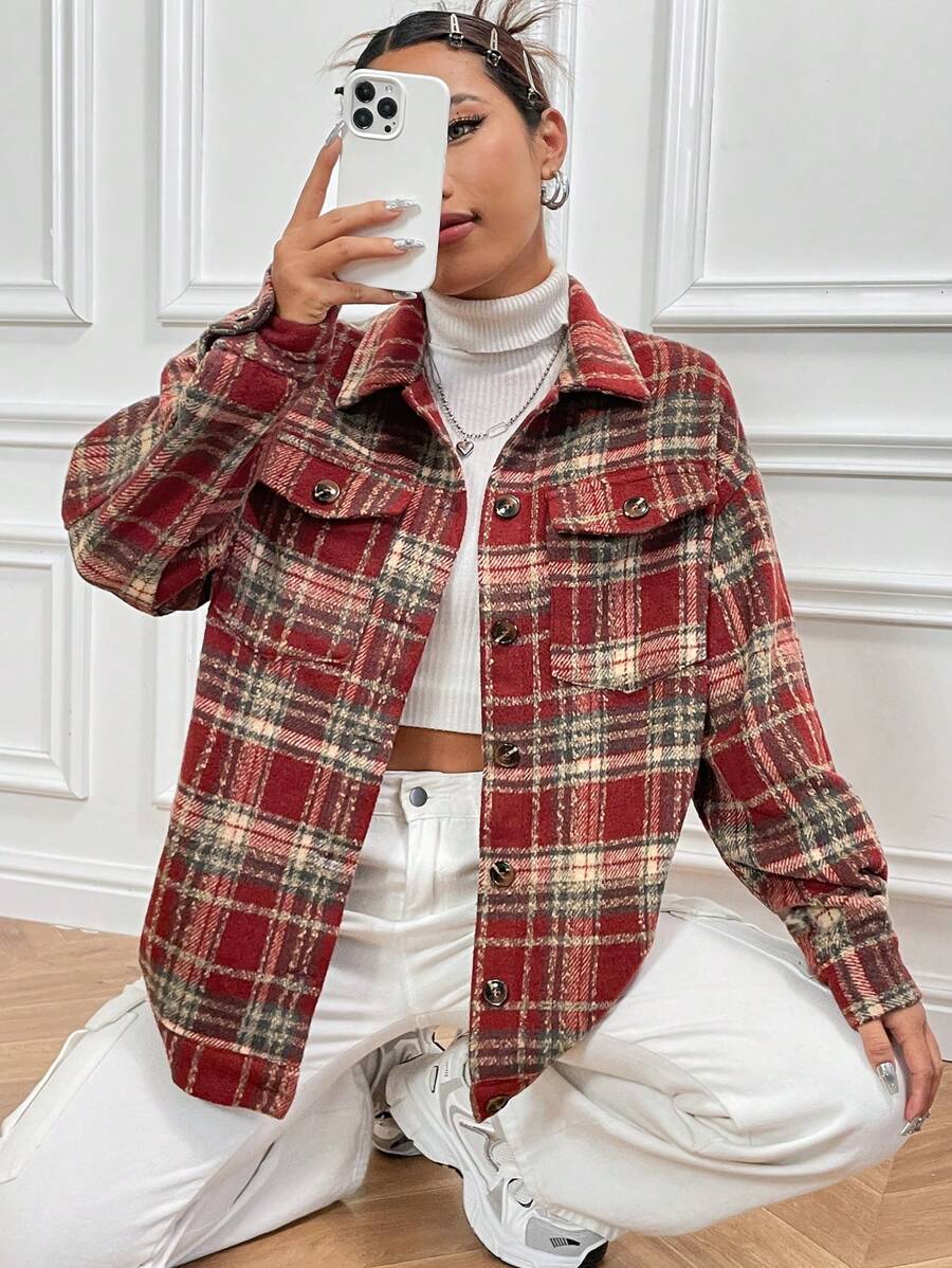 SHEIN Unity Abrigo con estampado de cuadros de hombros caídos con bolsillo con solapa - Rojo - Ver 1