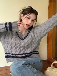 Dazy Star Striped Pattern Cable Knit Drop Shoulder Sweater - Dark Grey - View 5