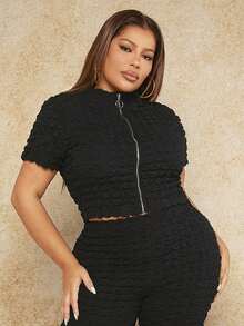 SHEIN SXY Kích thước lớn Đứng cổ áo Dây kéo Ngắn tay Áo thun - màu đen - Xem 5