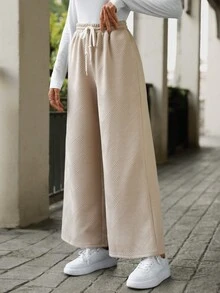 SHEIN LUNE Của phụ nữ Eo dây rút Quần ống rộng - Màu Khaki - Xem 5
