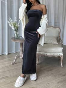 SHEIN Privé Solid Mermaid Hem Tube Dress - Navy Blue - View 6