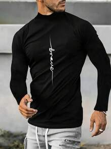 Manfinity Homme 男裝長袖字母印花t恤 - 黑色 - 查看 3