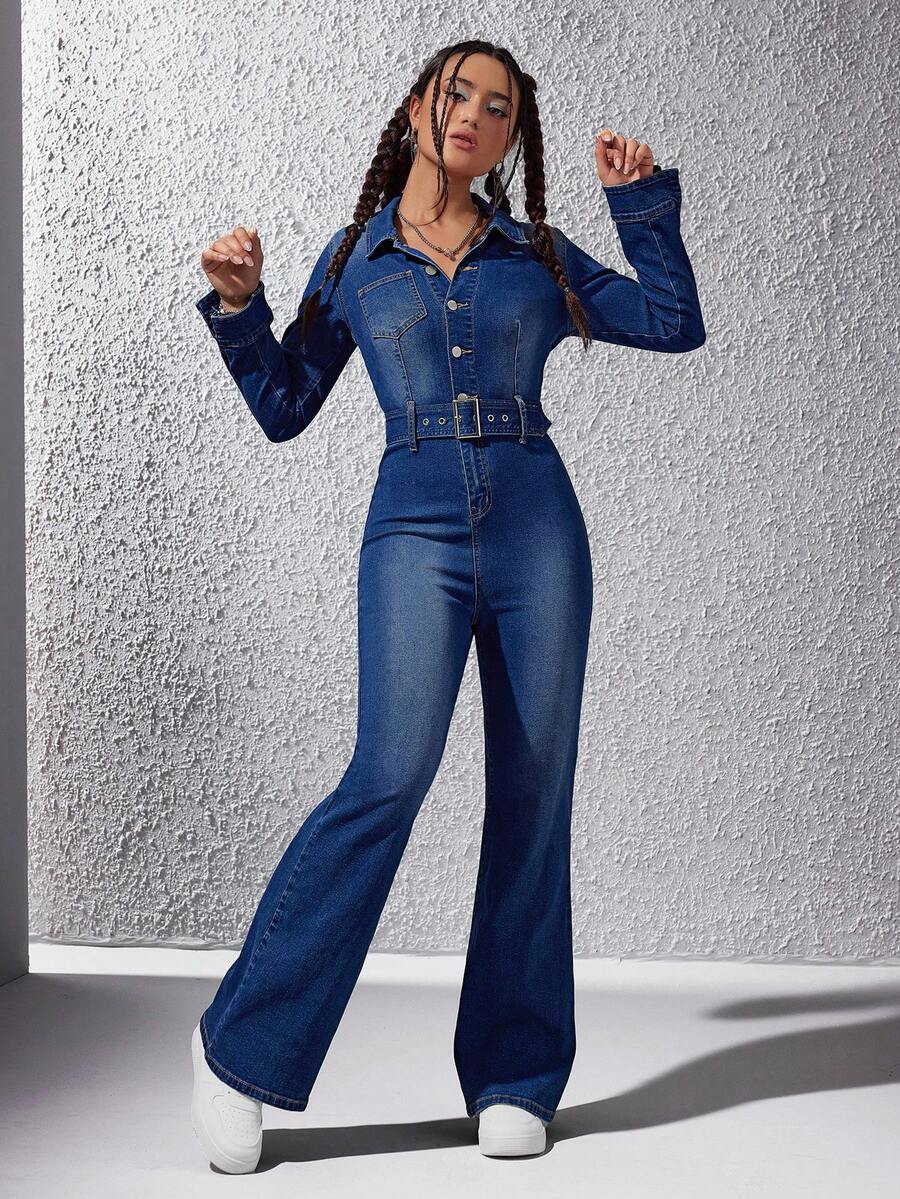 SHEIN ICON Button Front Belted Flare Leg Denim Jumpsuit - Medium Wash - View 1