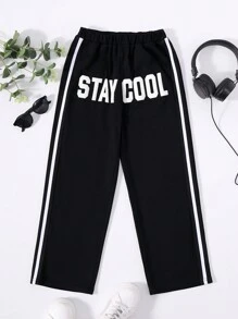 SHEIN Tween Boy Letter Graphic Contrast Tape Sweatpants - Black - View 5