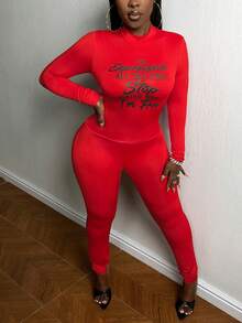 Slaydiva 標語圖案小高領彈力緊身連體褲 - 玫紅色 - 查看 4