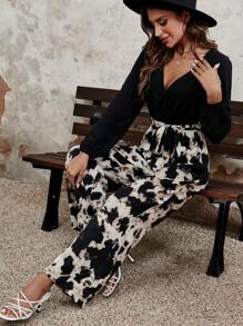 SHEIN Unity Mono de pierna ancha con estampado de dibujo con cinturón - Negro - Ver 5