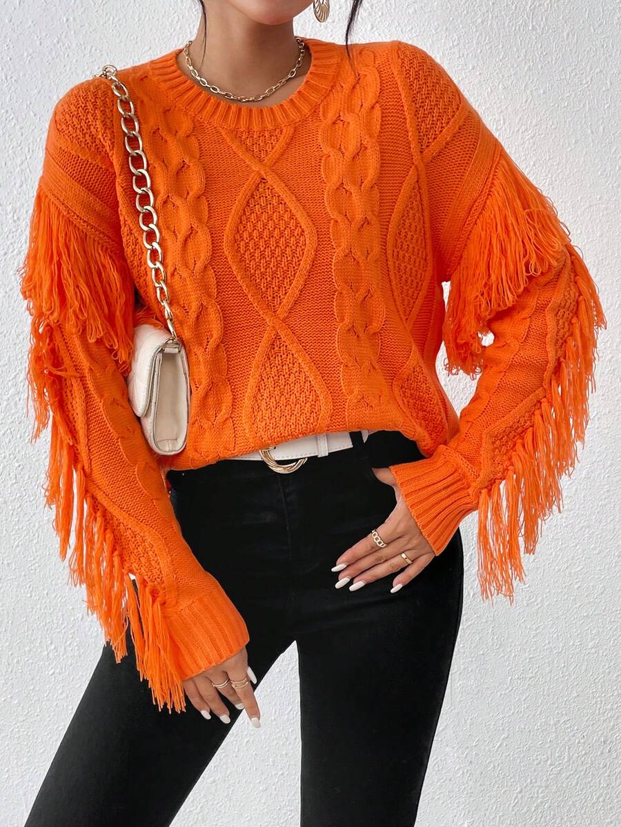 SHEIN Essnce Viền rìa Thả vai Xoắn Dan Áo len - trái cam - Xem 1