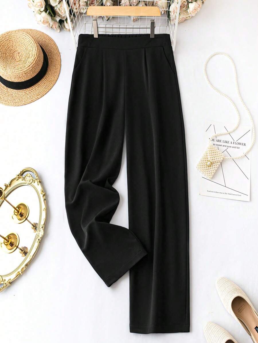 SHEIN LUNE Plus Solid Straight Leg Pants - Black - View 1