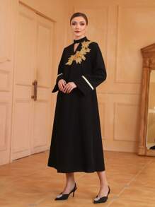 Al Najma Floral Embroidery Keyhole Neckline Contrast Tape Trumpet Sleeve Dress - Black - View 5