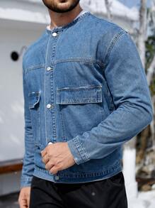 Manfinity Homme 寬鬆版男士翻蓋口袋和拼接牛仔外套 - 中等水洗藍 - 查看 3