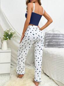 CottageSlumber 对比色蕾丝吊带上衣和碎花印花裤睡衣套装/睡衣套装 - 寶藍色 - 查看 2