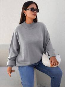 SHEIN Cottnline 女款大尺碼立領落肩毛衣 - 灰色 - 查看 4