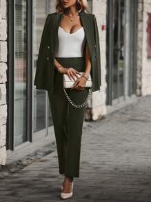SHEIN Clasi 素色青果領雙排釦西裝外套和褲子 - 軍綠色 - 查看 6