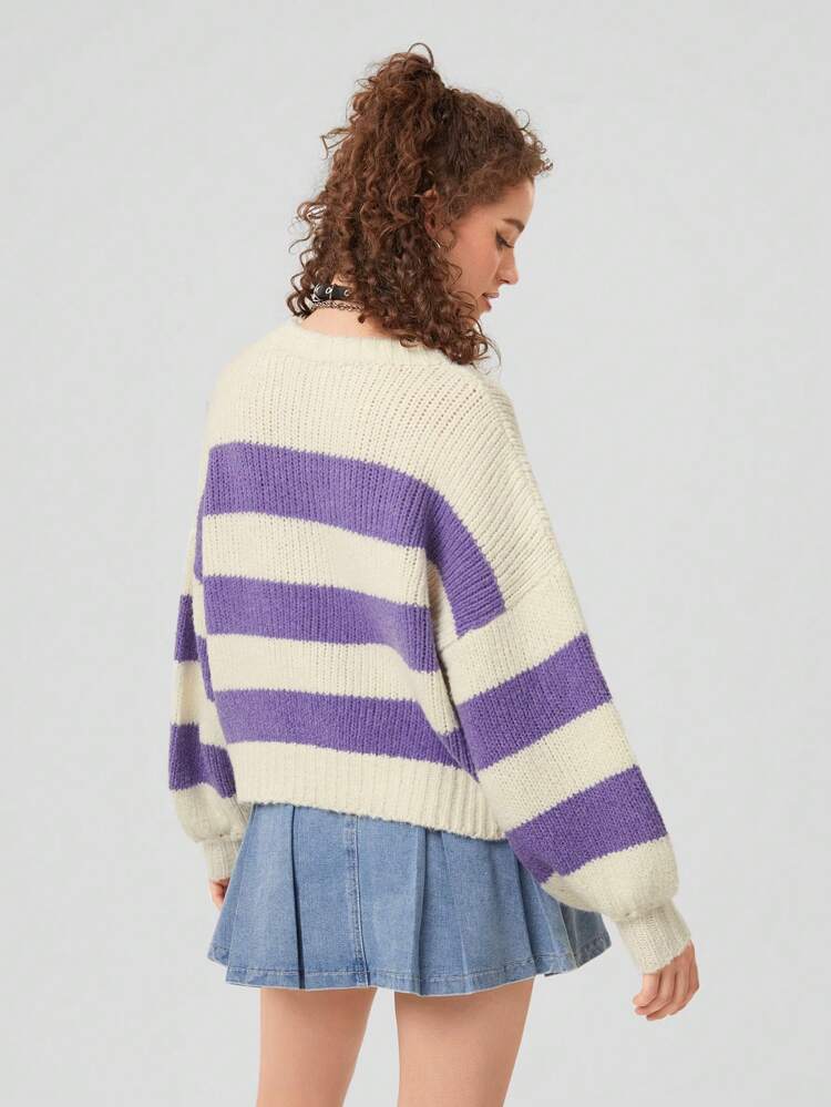 Women'S Regular Fit Long Sleeve Oversized Sweater, White Purple Striped