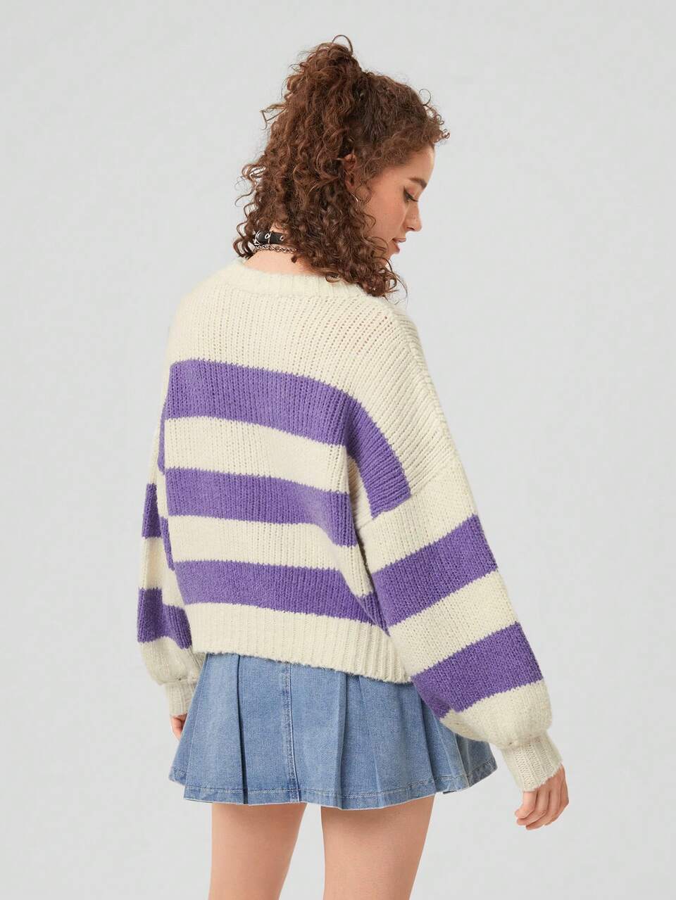 Women'S Regular Fit Long Sleeve Oversized Sweater, White Purple Striped