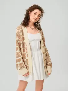 Forever 21 Ladies' Loose Fit Cardigan With Flower & Heart Pattern - Multicolor - View 4