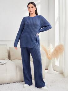 Mulvari Talla grande Jersey tejido de cable con pantalones tejidos - Azul - Ver 5