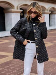 SHEIN Clasi Flap Detail Quilted Coat - Black - View 5