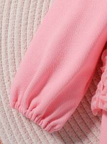 SHEIN Baby Girl Contrast Lace Puff Sleeve Keyhole Back Ruffle Trim 2 In 1 Tee - Pink - View 3