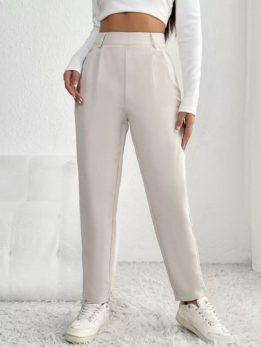 SHEIN PETITE 素色斜口袋長褲 - 杏色 - 查看 1